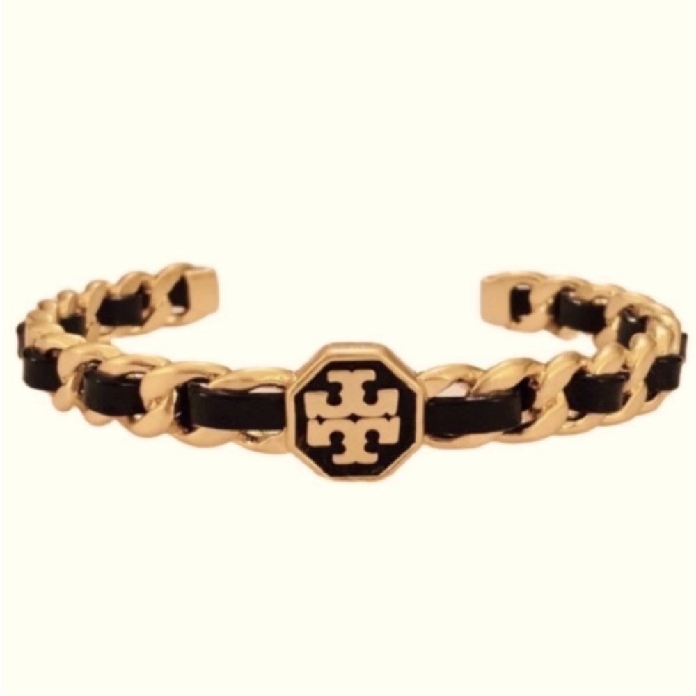Tory Burch woven black leather chain logo cuff bracelet - Picture 1 of 5